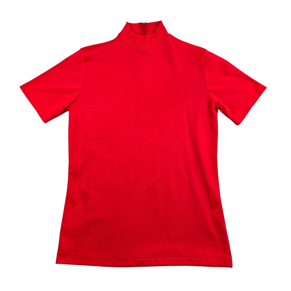 Vintage 70s Mock Neck Top Women Small Red Short Sleeve Athletic Casual Mod Layer